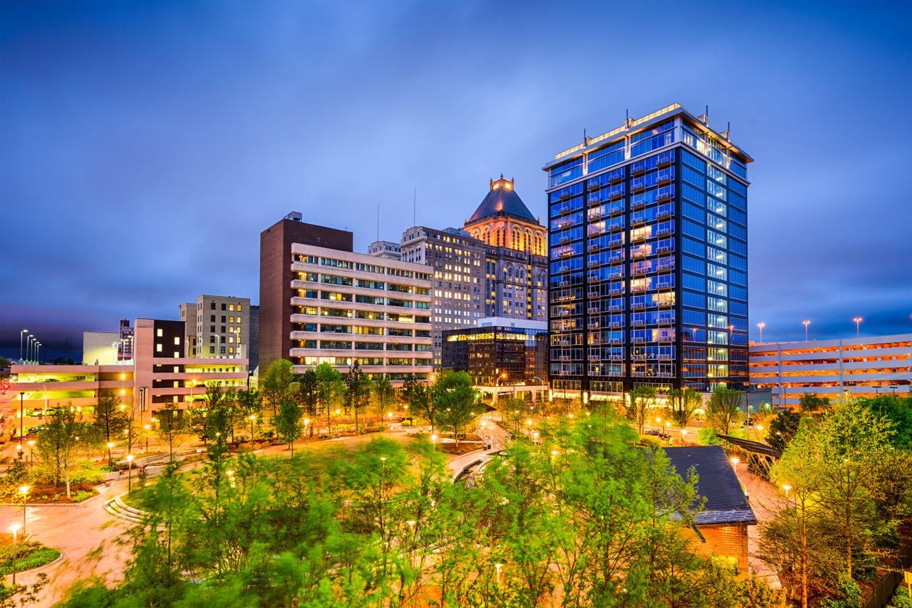 Downtown Greensboro, NC skyline at dusk