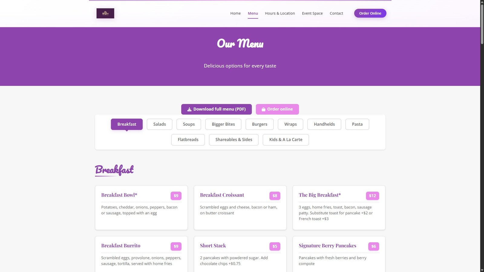 Oh Sugar Menu Page Showcase