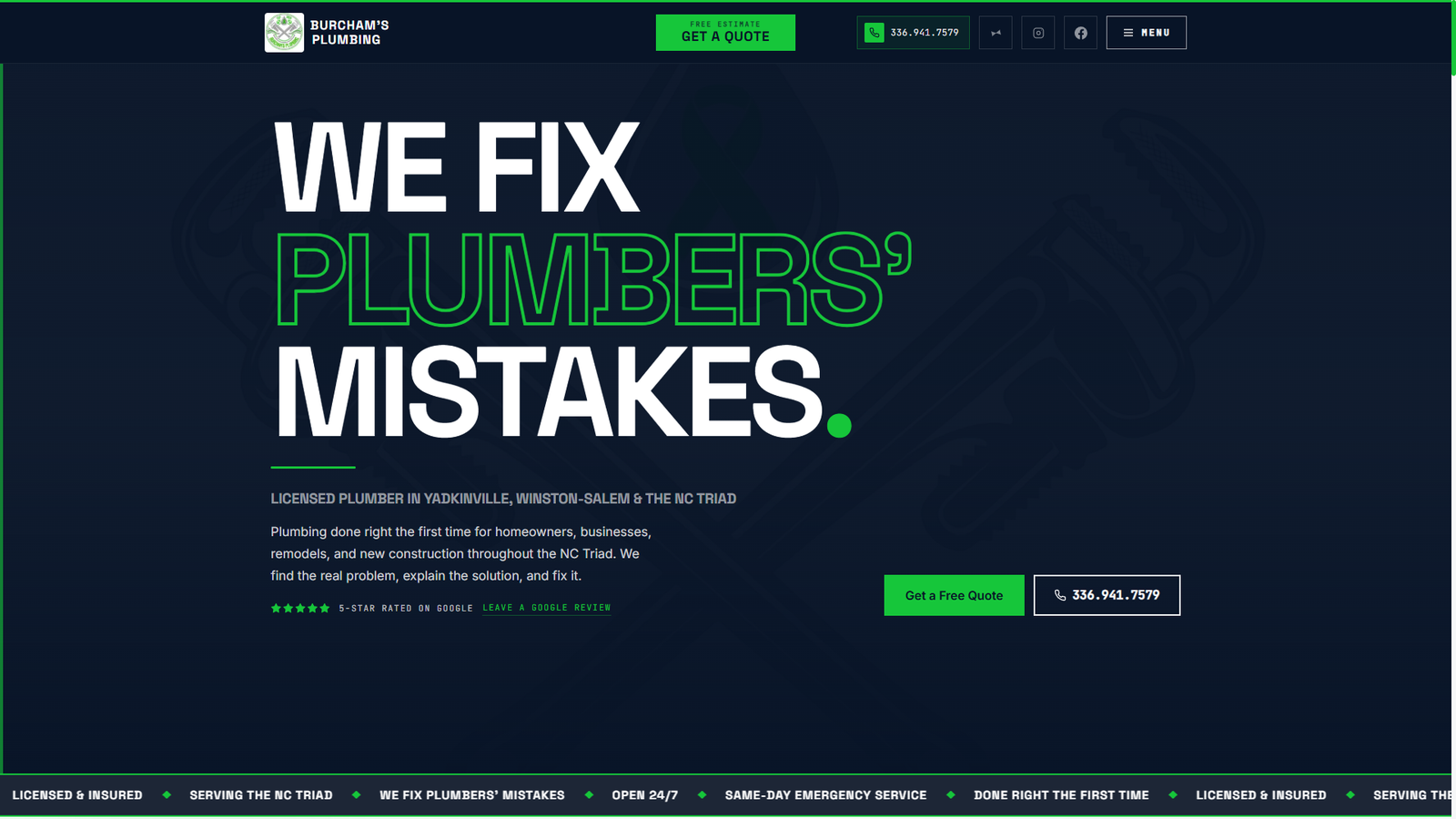 Burcham's Plumbing Service Business website by Koford Media, Charlotte web design case study