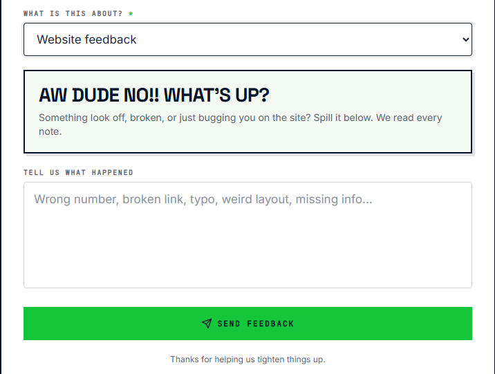 Built-in website feedback option on Burcham's Plumbing contact page
