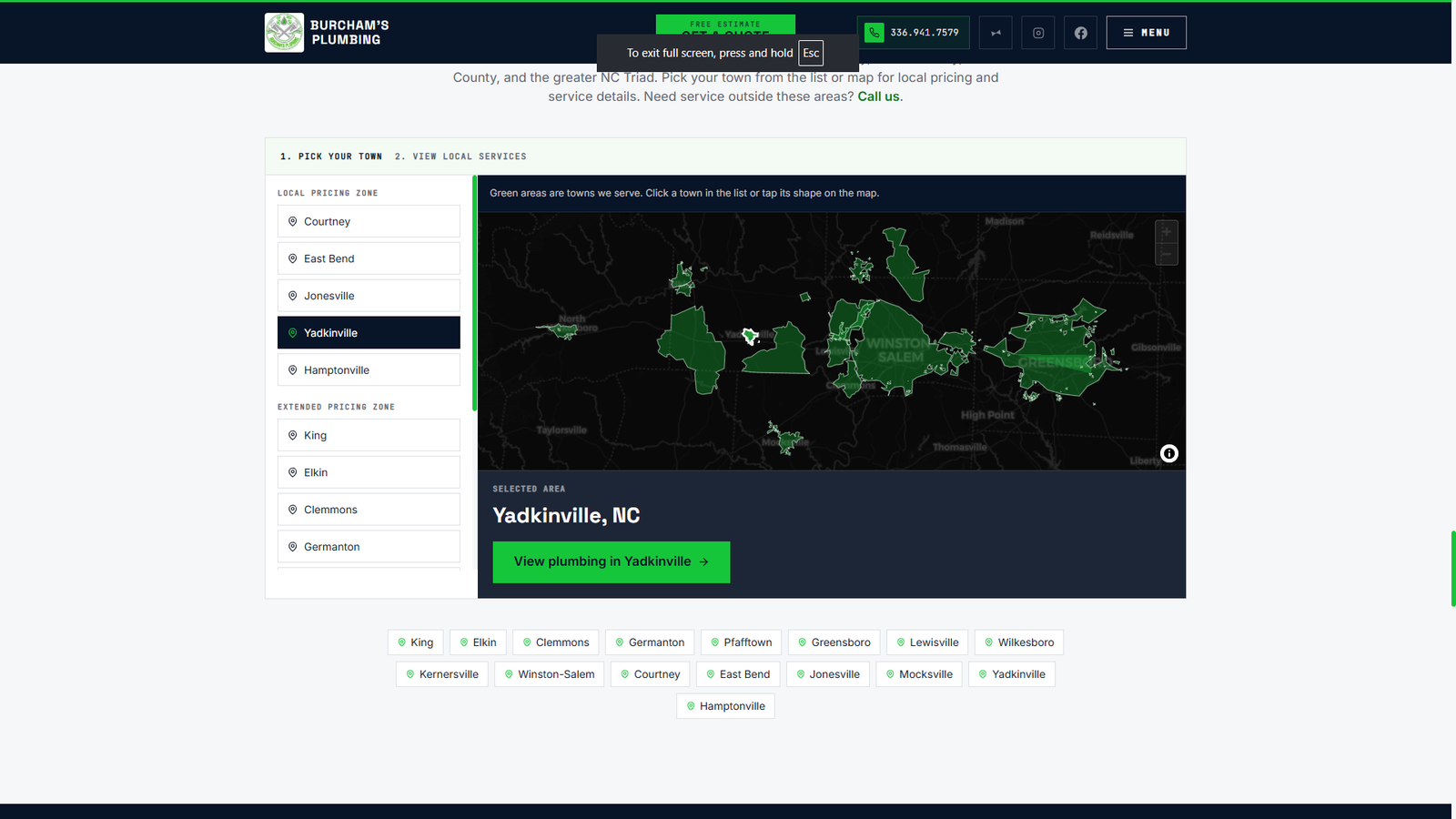 Burcham's Plumbing interactive service coverage map built by Koford Media