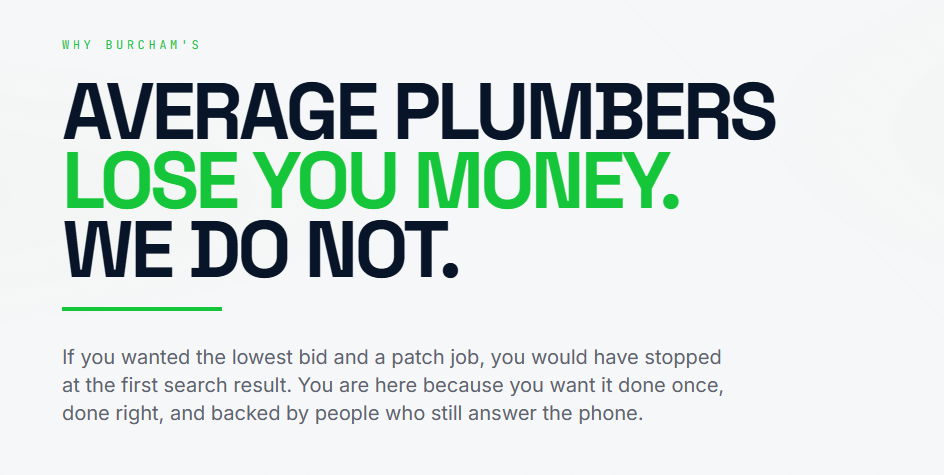 Burcham's Plumbing brand messaging and marketing copy by Koford Media