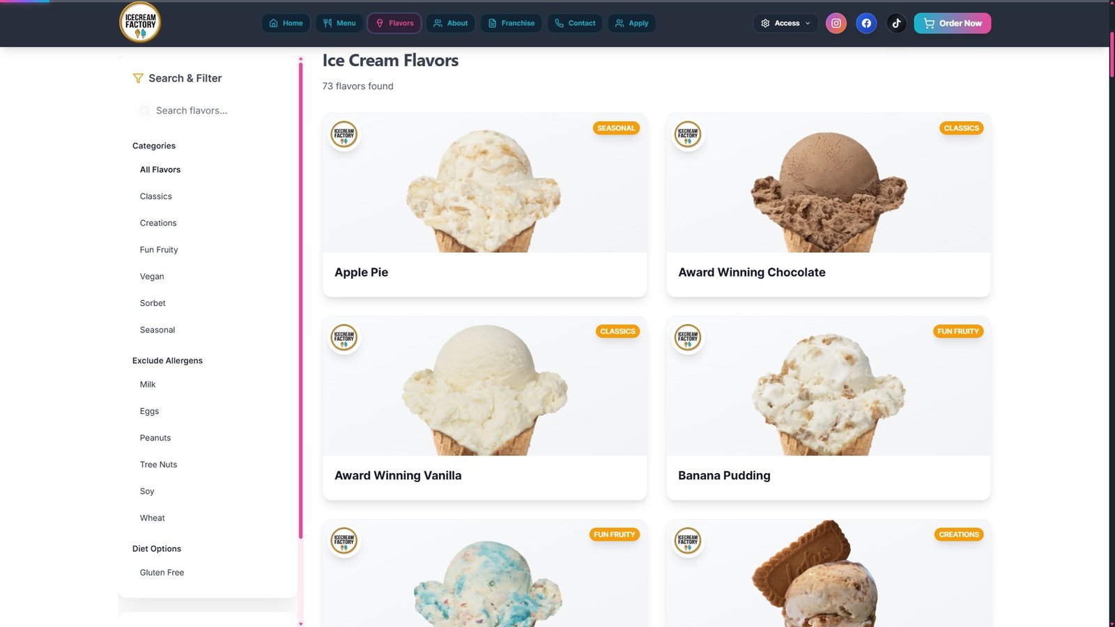Ice Cream Factory flavor page showcase