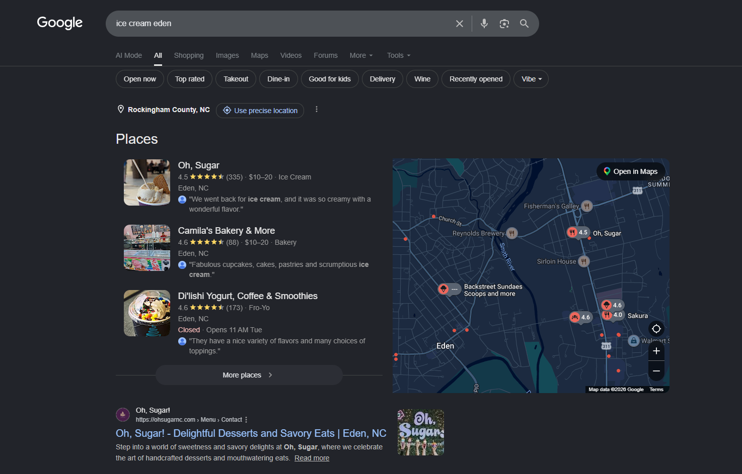 Oh Sugar documented local map results with no ad spend